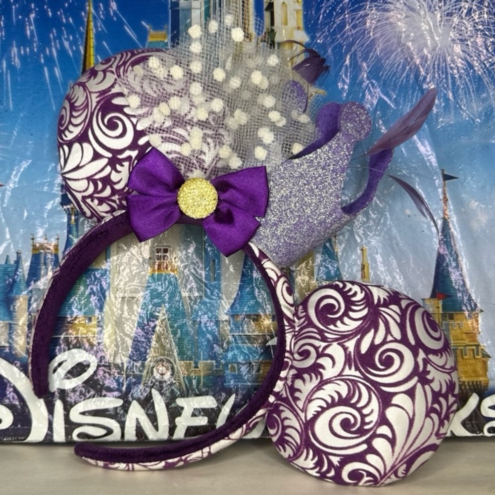 Disney parks filigree Jubilee purple velvet glitter crown feathers Minnie ears
